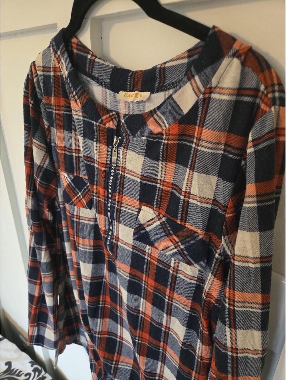 BAIKEA Women's XL Orange and Blue Plaid Quarter-Zip Pullover Blouse - Picture 3 of 5